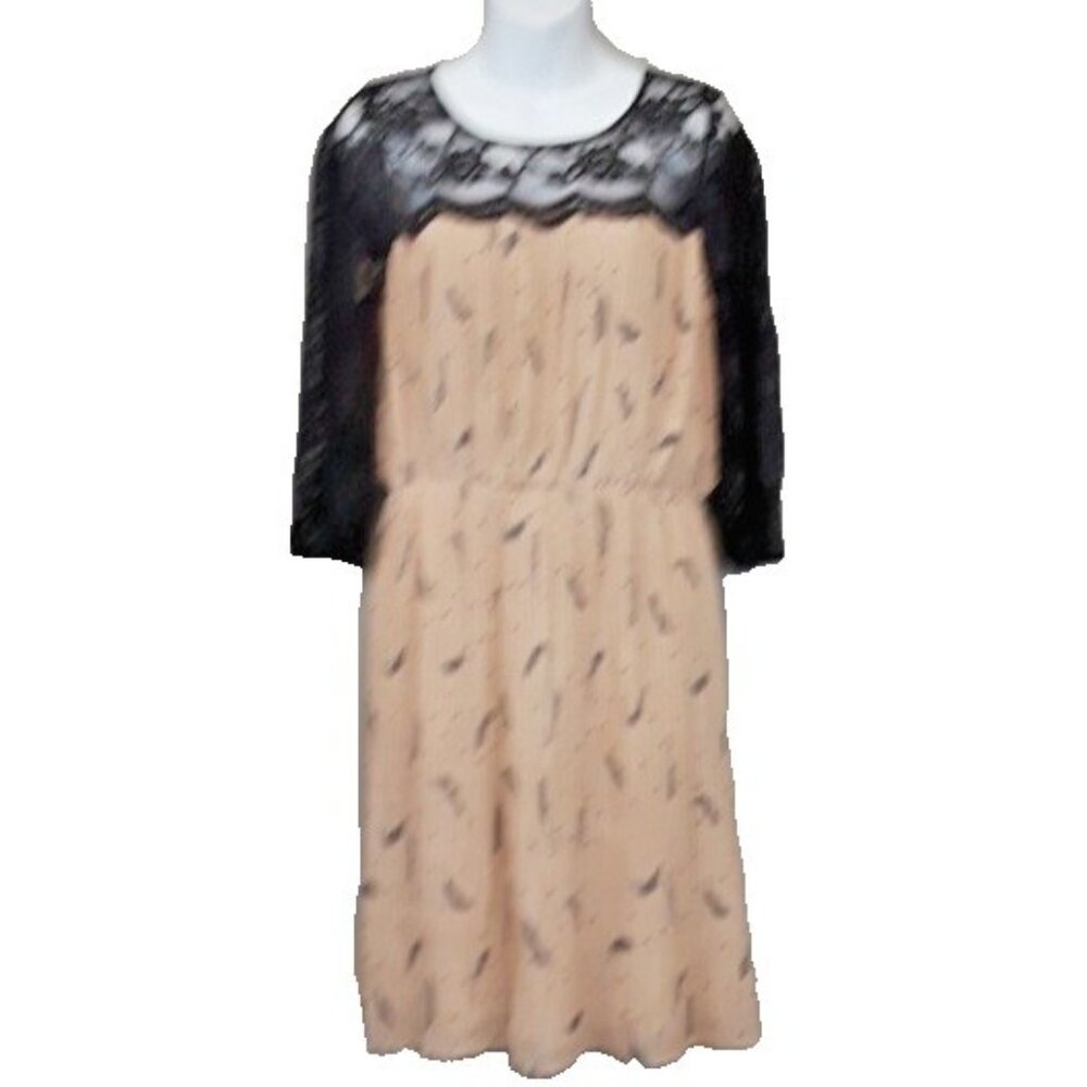 Black‎ Rainn Womens Fairy Romantic Dress Medium Beige Black Feather Print Lace
